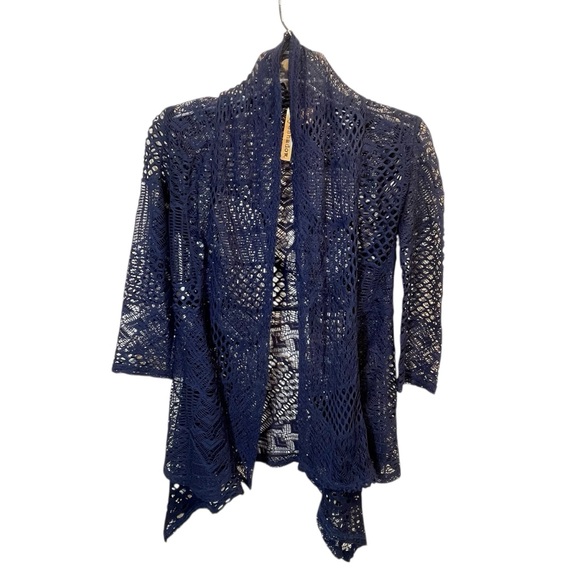 Eyeshadow Sweaters - Navy Blue Crochet Open Front Waterfall Cardigan Size S